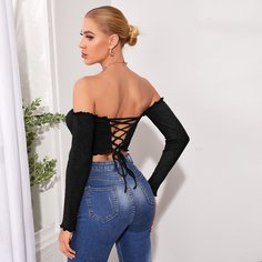 Короткая футболка на шнуровке с открытыми плечами Shein