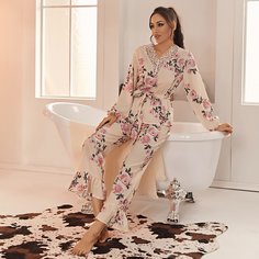 Атласная пижама с цветочным принтом и кружевной отделкой Shein