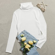 Вязаная футболка в рубчик с высоким воротником Shein