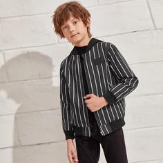 Куртка в полоску с молнией и капюшоном для мальчиков Shein