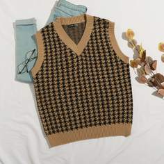 Трикотажный жилет с узором хаундстута и v-образным воротником Shein