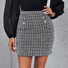 Двойная кнопка Клетчатый Элегантный Юбки Shein