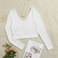 Вязаная короткая футболка в рубчик Shein
