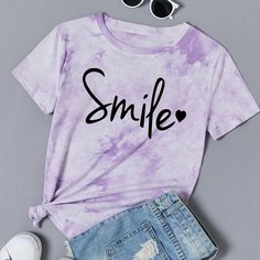Футболка размера плюс с текстовым принтом и тай дай Shein