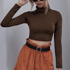 Однотонная короткая футболка с высоким воротником Shein