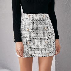 Двубортная твидовая юбка в клетку Shein