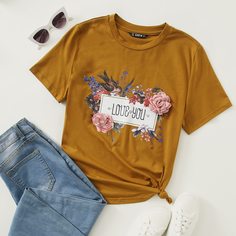 Топ с цветочной аппликацией и оригинальным принтом Shein