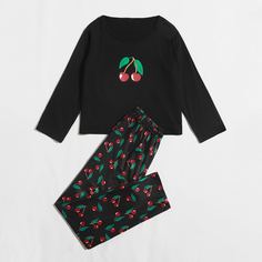 Пижама с принтом вишни для девочек Shein