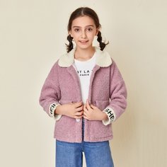 Плюшевая куртка с пуговицами и текстовой вышивкой для девочек Shein
