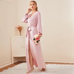 Ночной халат с рукавом фонариком, поясом и v-образным воротником Shein