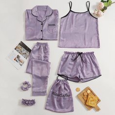 7шт пижама на бретельках и рубашка с текстовой вышивкой Shein