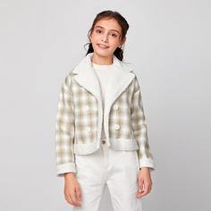 Двойная кнопка Клетчатый Повседневный Куртки для девочек Shein