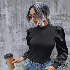 Вязаный топ в рубчик с рукавами фонариками Shein