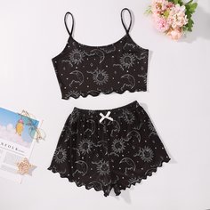 Волнистый край Принт космос милый Пижама Shein