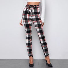 Брюки в клетку с поясом Shein