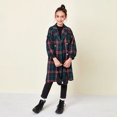 с карманами в клетку Институтский Пальто для девочек Shein