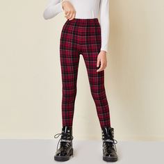 Леггинсы в клетку с эластичной талией для девочек Shein