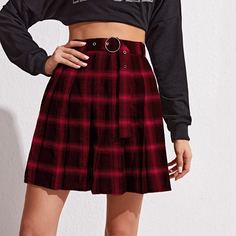 Юбка в клетку с высокой талией и поясом Shein