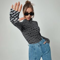 Футболка с текстовым принтом и отверстиями для большого пальца Shein