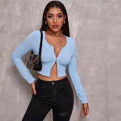 Вязаный кроп топ в рубчик с молнией Shein