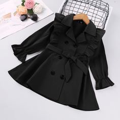 Двубортное пальто с оборками и поясом для девочек Shein