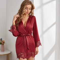 Контрастные кружева Одноцветный Элегантный Ночной халат Shein