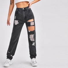 Рваные прямые джинсы с высокой талией Shein