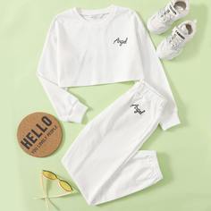 Спортивные брюки и короткий пуловер с вышивкой для девочек Shein