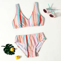 со сборками Полосатый Спортивный Купальники для девочек Shein