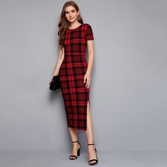 Разрез Клетка Повседневный Платье Shein