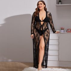 Прозрачный кружевной халат размера плюс с узлом без нижнего белья Shein
