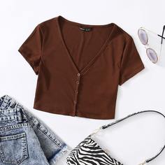 трикотажный Одноцветный Повседневный Футболки Shein