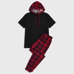 Мужские брюки в клетку и футболка с капюшоном на кулиске Shein