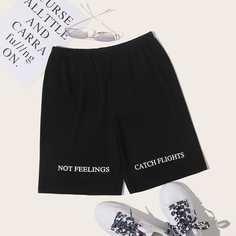 Байкерские шорты с текстовым принтом и эластичной талией Shein