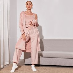 Однотонная фланелевая пижама и халат с поясом 3шт Shein