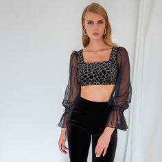 Бархатный кроп топ и брюки-клеш Shein