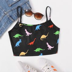 Топ на подтяжках с рисунком динозавров Shein