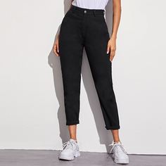 Однотонные короткие джинсы с высокой талией Shein