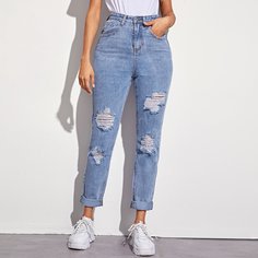 Однотонные рваные джинсы с 5 карманами Shein