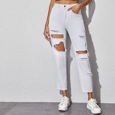 Рваные короткие джинсы без пояса Shein