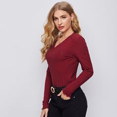 Вязаная футболка с v-образным воротником Shein