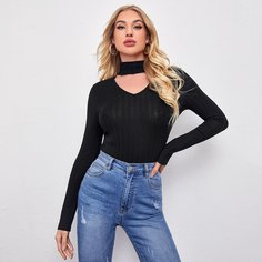 трикотажный Одноцветный Элегантный Футболки Shein