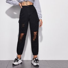Рваные джинсы с высокой талией и карманом Shein