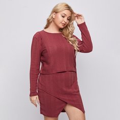 Вязаная кроп футболка и асимметричная юбка в рубчик размера плюс Shein