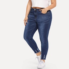 Плюс размеры рваные джинсы с необработанным низом Shein