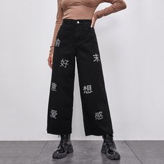 Широкие джинсы с вышивкой китайских иероглифов Shein
