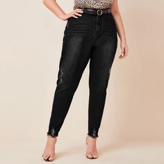 Рваные джинсы размера плюс с высокой талией без пояса Shein