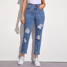 Однотонные рваные джинсы с 5 карманами Shein