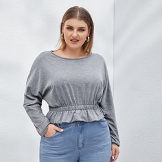 С оборками Одноцветный Повседневный Футболка размера плюс Shein