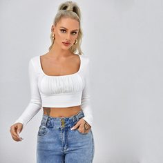 Вязаная короткая футболка со сборкой и квадратным воротником Shein